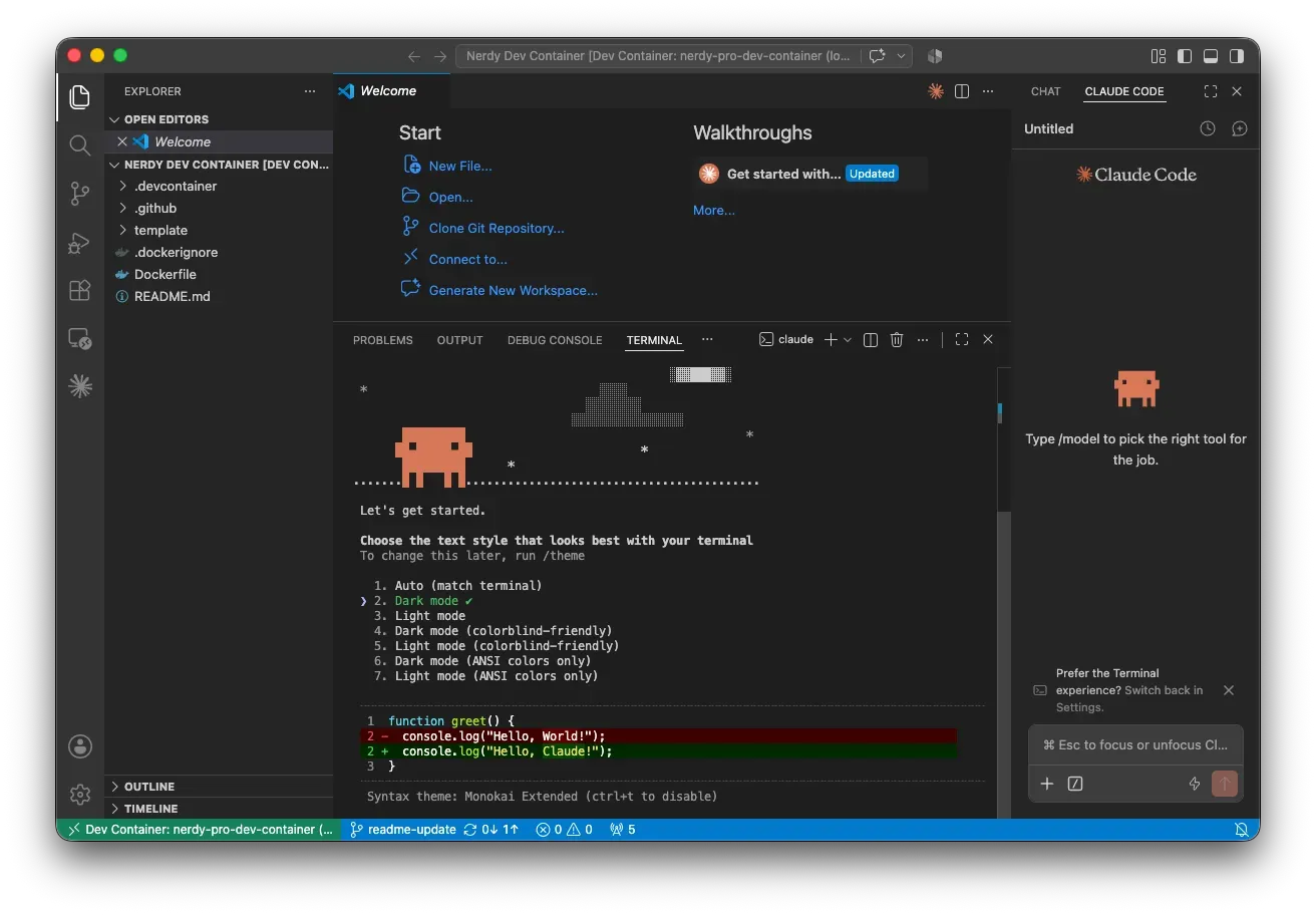 VS Code, открытый в Nerdy Dev Container, с Claude Code, работающим во встроенном терминале и боковой панели