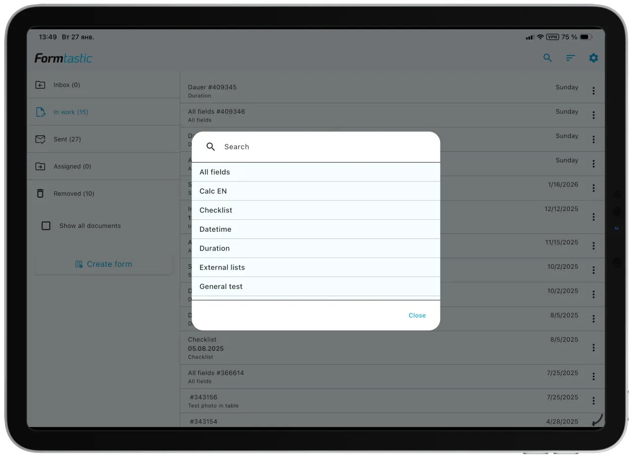Диалог создания документа